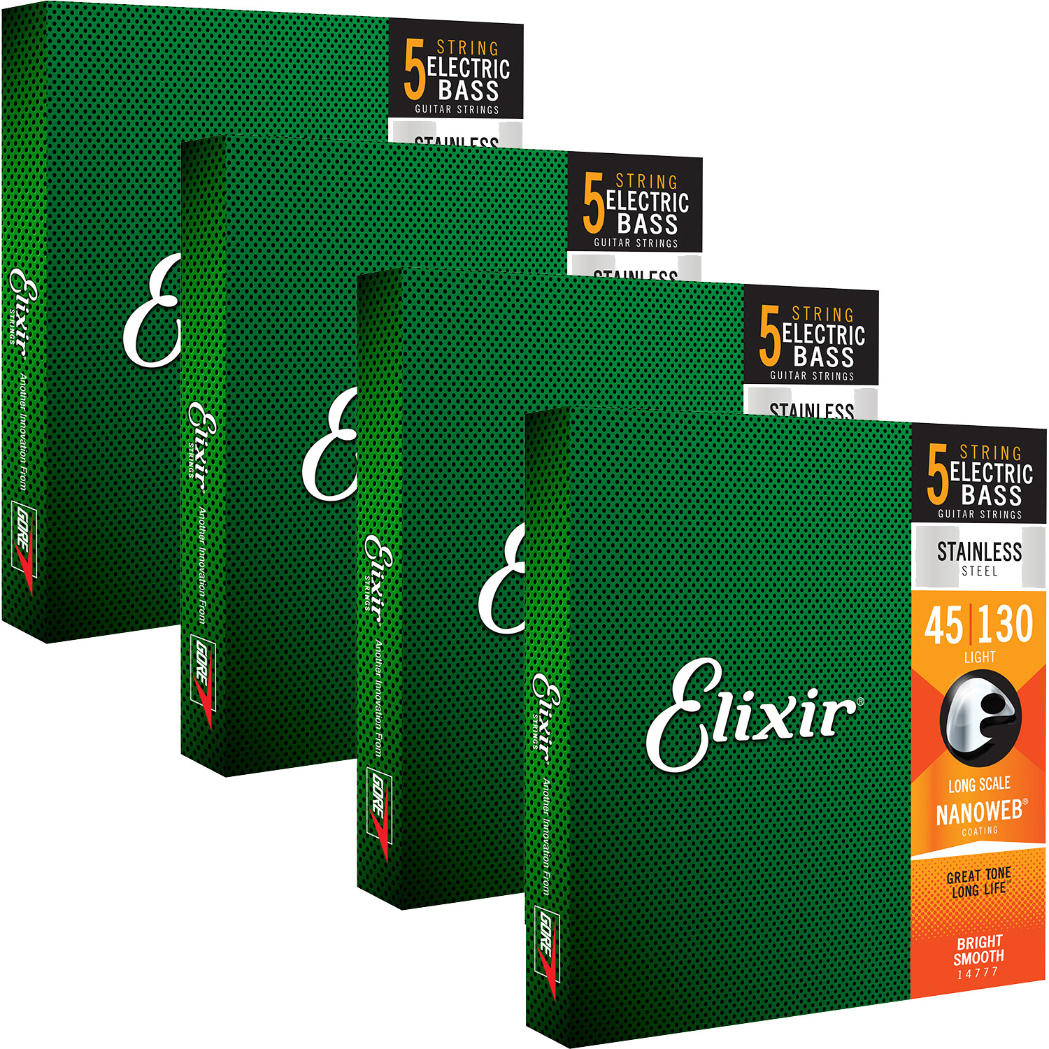 Elixir String Sets 4 Sets Elixir 14777 NANOWEB Long-Scale 5-String Bass Strings Medium ...