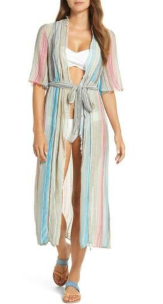ELAN Rainbow Stripe Crochet Trim Rope Waist Tie Cardigan Duster