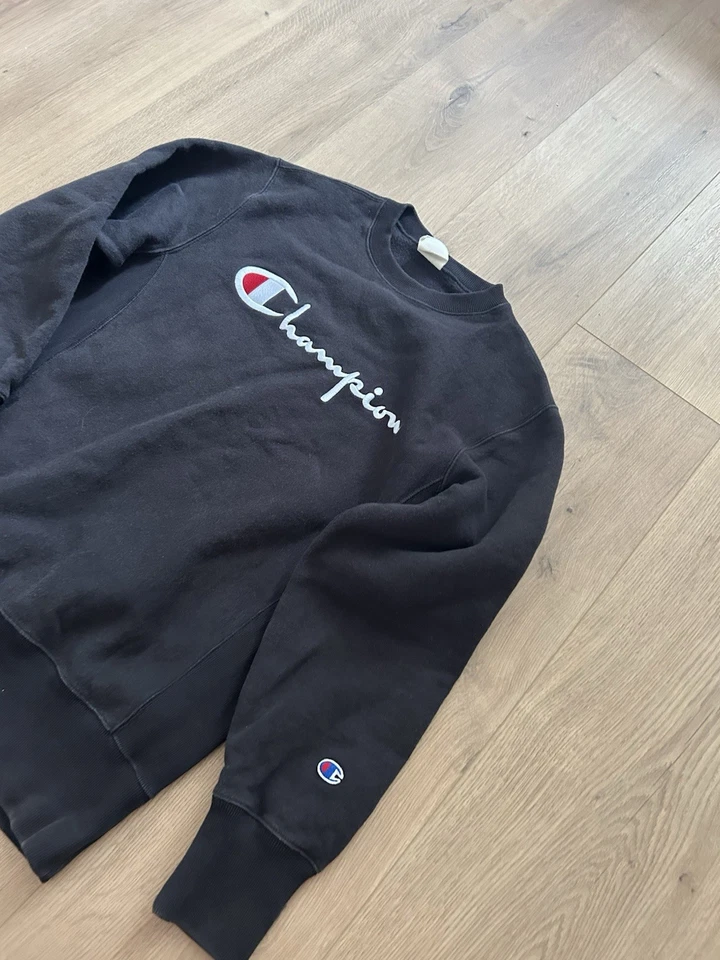Champion Black Men's Crew Neck Pullover Sweatshirt Fleece Cotton Logo M, photo 2 of 5