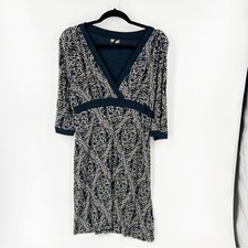   ATHLETA Jersey Knit V Neck Dress Size LARGE Tall in Black Multi Print