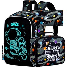 3Pcs Glow in The Dark Space Backpack for Boys, 17 Inches Astronaut School Boo...