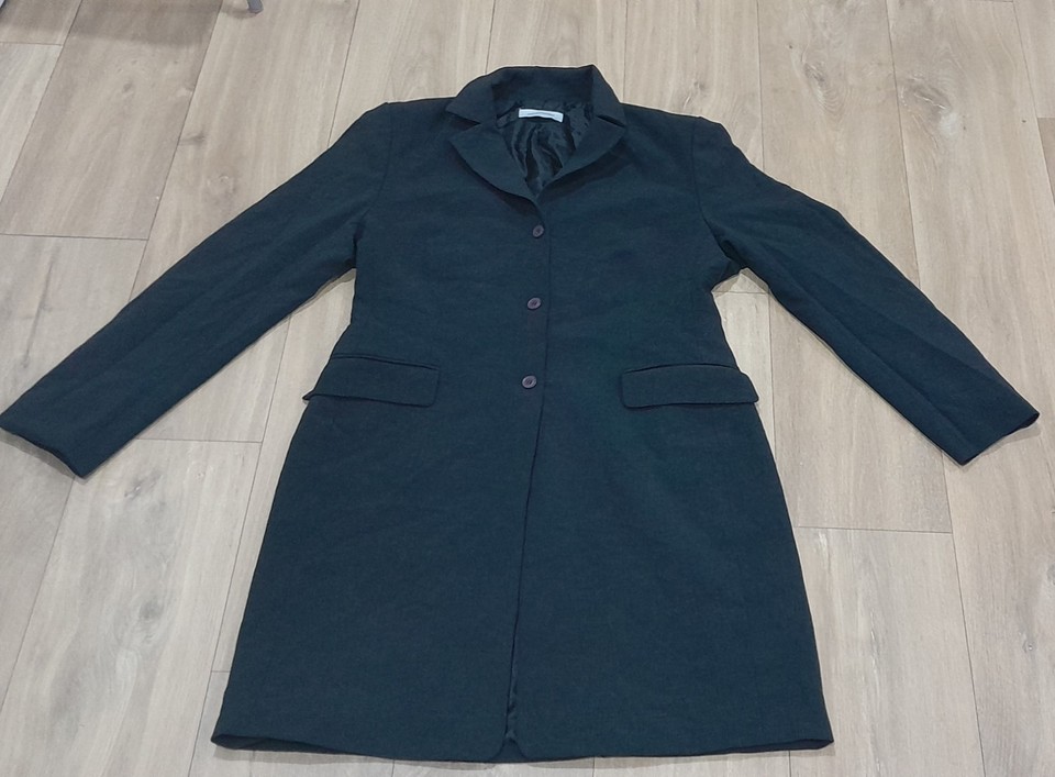 Womens Black Long Trench Coat With Buttons size 14 Portmans formal office work
