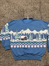 Vintage 90  s Winter Log Cabin Scene Puff Print Crew Neck Sweatshirt Size XL Vtg