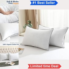Goose Feather Down Bed Pillow Set of 2 Standard 20x26 Organic Cotton Cover