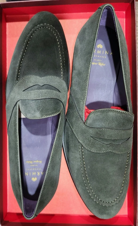 Mocasines Carmina Loden Forest de gamuza con correa completa 10 UK BNWB Foto 2 de 4