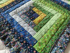 Vtg Calico Fabric Baby Crib Lap Small Patchwork Quilt Ruffle 55x43" Machine Sewn