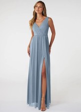 Azazie Tanicia Dusty Blue Bridesmaid Dress A4 Maxi Formal Wedding Guest Gown NWT