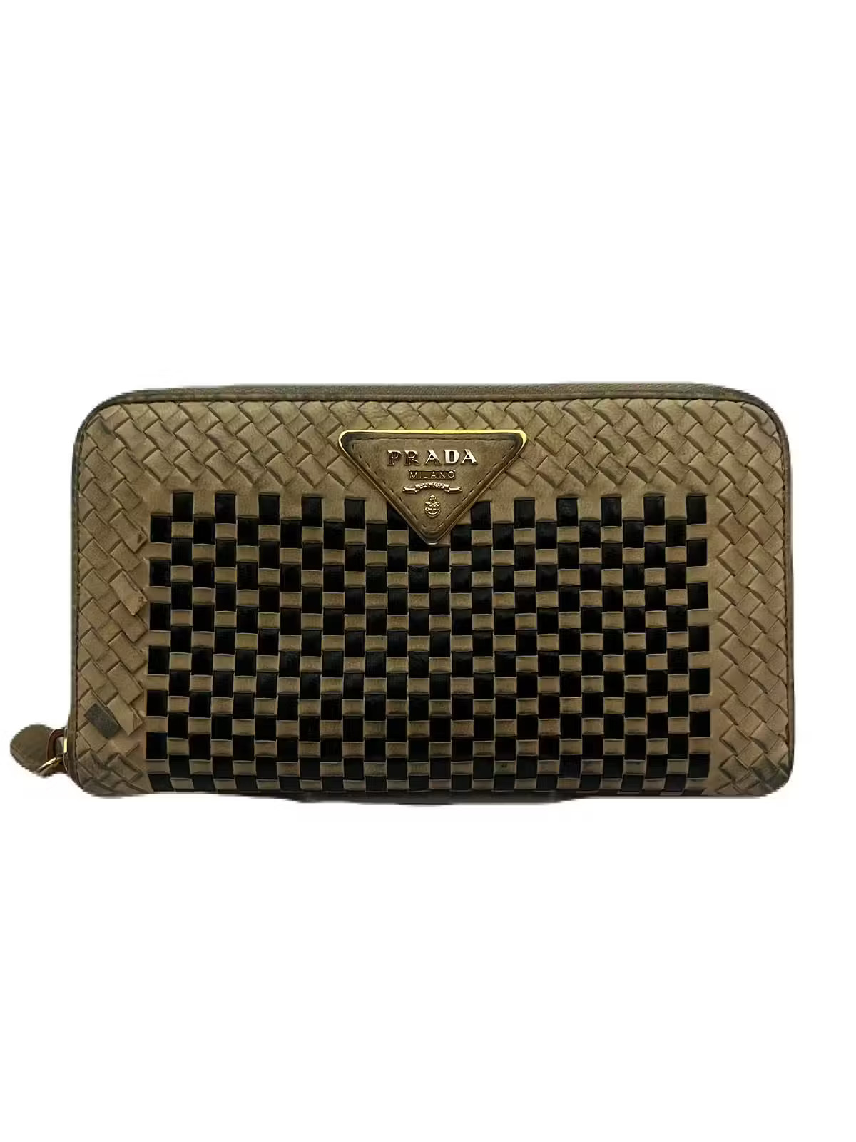 Prada Round Zip Long Leather Wallet in Beige and Black Preowned TC74-1