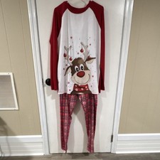 Men's Reindeer Christmas Pajama Set Red Plaid Pants Lightweight Knit Size L