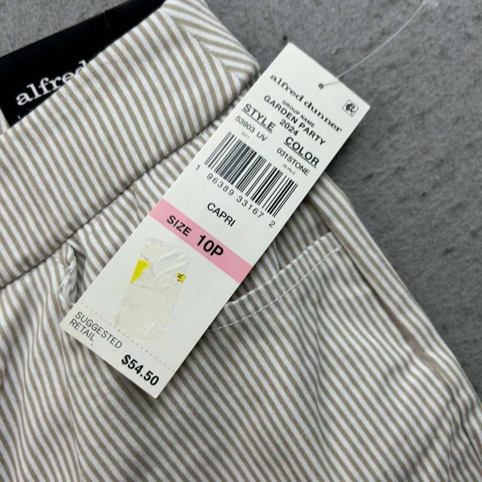 Pantalones Alfred Dunner Mujer 10P Marfil Marrón Rayas Frente Plano Puños Capri Nuevos con Etiquetas Foto 3 de 4