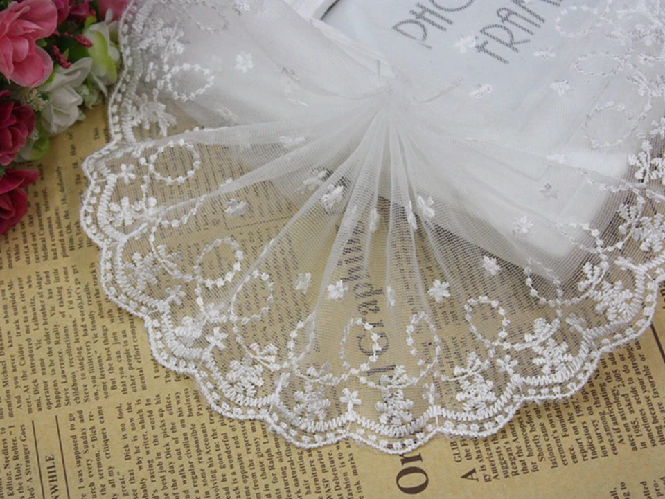 5 Yards White Embroidery Flower Lace Trims Tulle Bridal Dress Craft 4" 100mmwide - Image 2 of 4