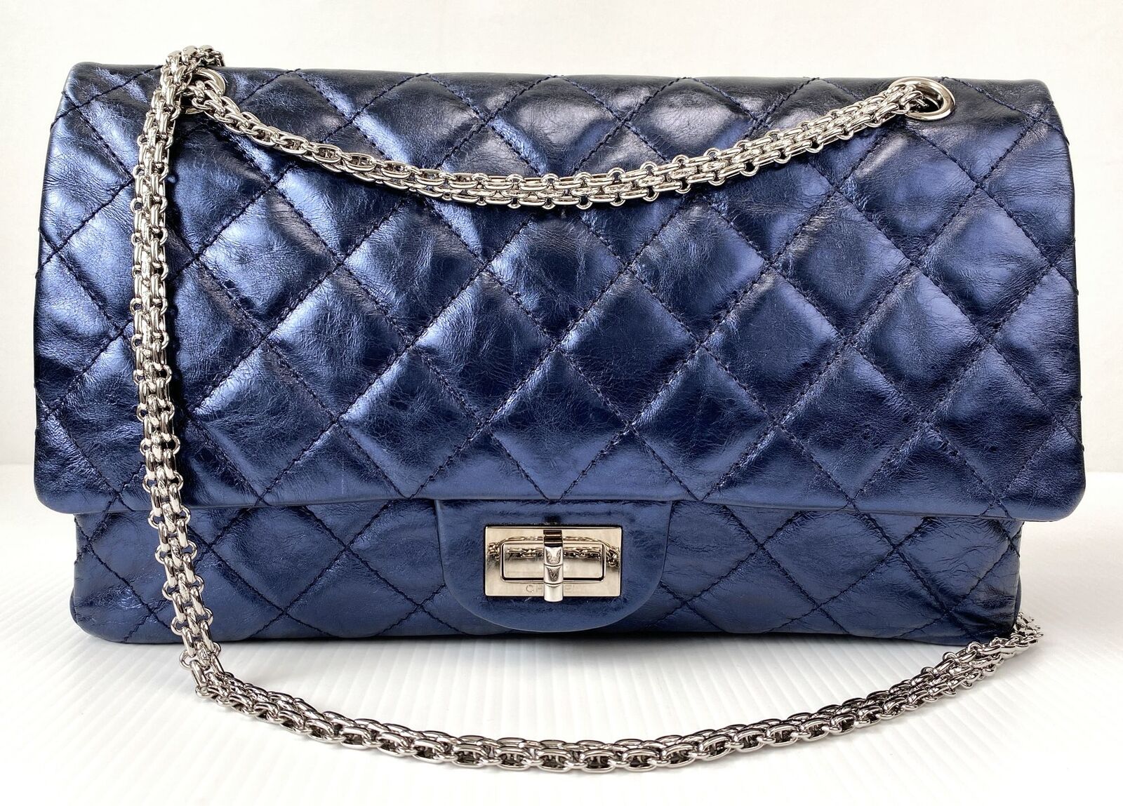 CHANEL Metallic Blue Quilted Leather Maxi Reissue 2.55 Classic 227 Flap Bag