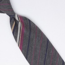 John G Hardy Mens Wool Silk Necktie Gray Blue Burgundy Stripe Weave Lightweight