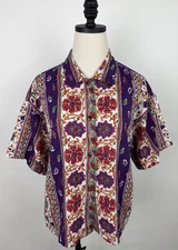 Vintage Paisley Shirt Womens Large Purple Striped Button Up Short Sleeve 80s 90s
