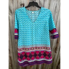 Old Navy Women Turquoise Floral Boho Cotton V-Neck Shift Dress L 117936-01
