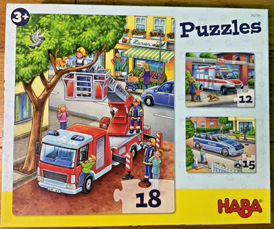 wunderschöne 3 Haba Puzzles in Einem große Teile Polizei Feuerwehr Krankenwagen