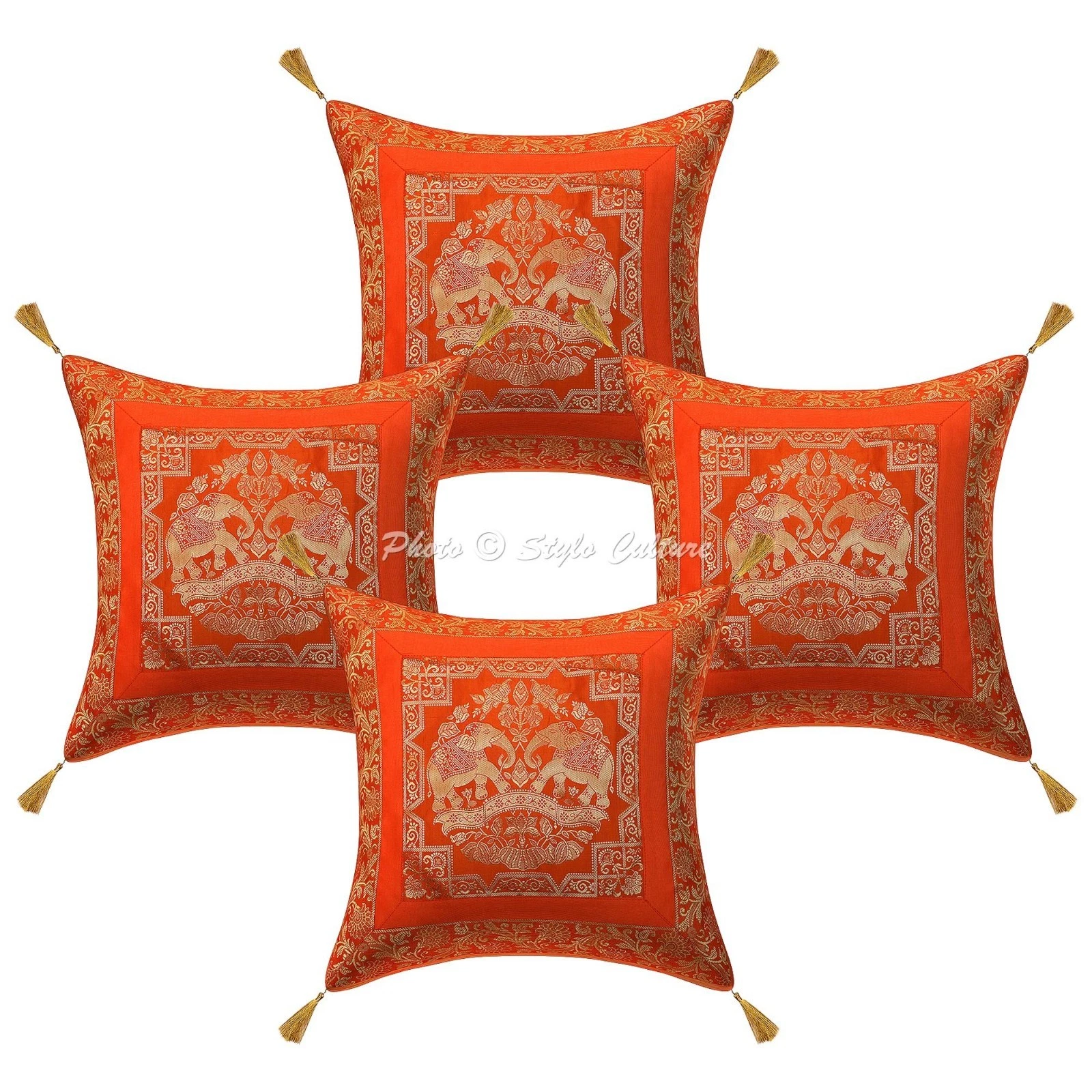 Indian Brocade Throw Pillow Covers Jacquard Tassels Orange Elephant Home Decor