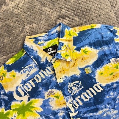 Corona Extra Beer Tropical Palm Tree Island Button Down Shirt Mens Medium Blue