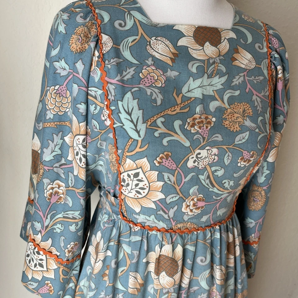 Vintage 70s Gilead Dress Cottage Prairie Kimono Floral Blue Size Small Boho - Image 3 of 4