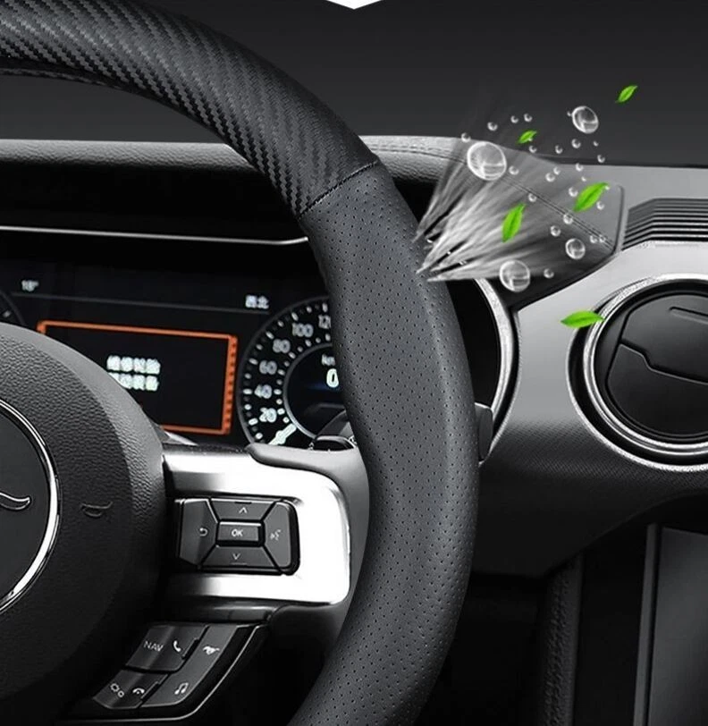 For Ford All Cars 15" 38cm Genuine Leather+Carbon fibe Steering Wheel Cover - Image 4 of 4