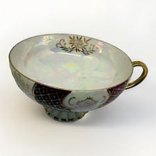 VTG Japanese Lusterware Pedestal Teacup Maroon Gold Lattice Floral Iridescent