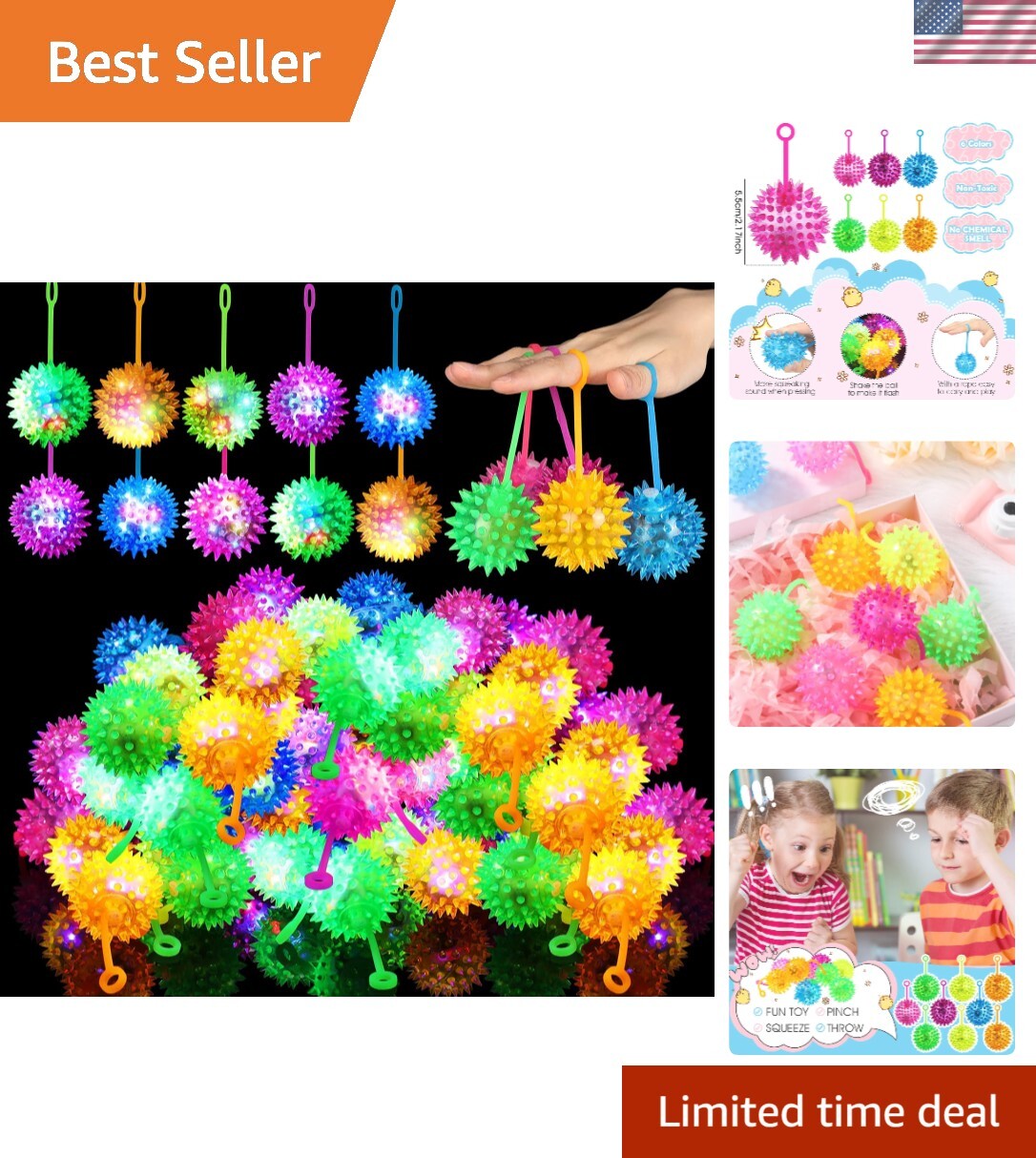 300 Pcs Light up Ball Spiky LED Bouncy Ball Flashing Squeaky Multicolor Puffe...