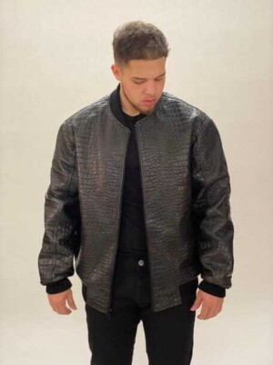 Mens Real Lambskin Leather Crocodile Pattern Oversized Bomber jacket