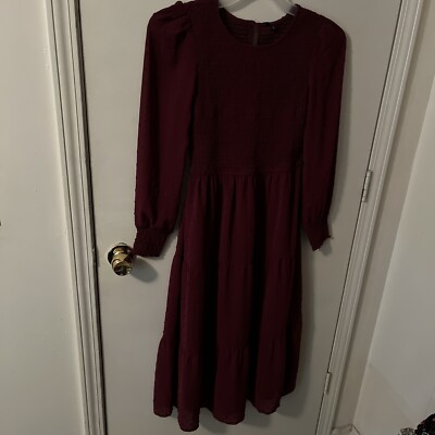 Zattcas Women's Smocked Flutter Sleeve Dress Long Sleeve S Polyester Burgundy