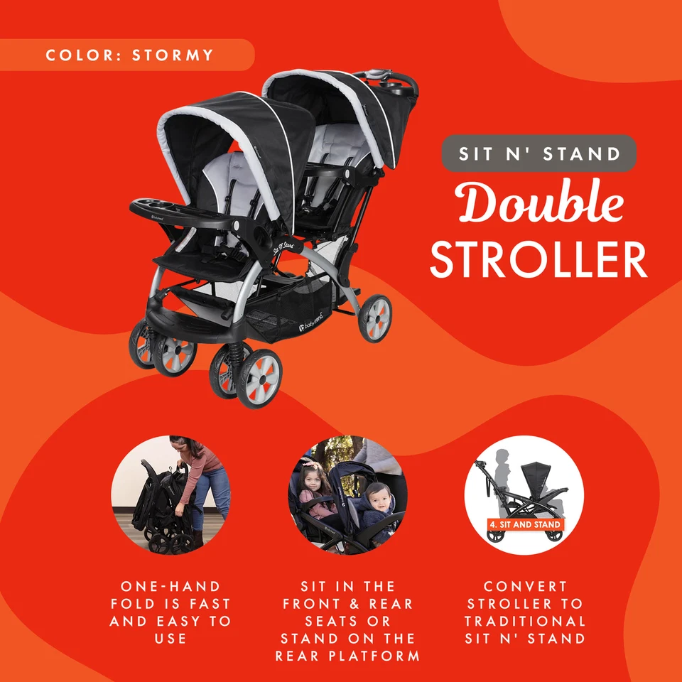 Baby Trend Sit N Stand Infant/Toddler Tandem Double Stroller, Stormy (Used) - Image 3 of 4