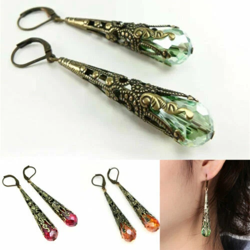 Boucles D'Oreilles Anciennes Pendantes Acier Argenté Strass - Fermoir Clous