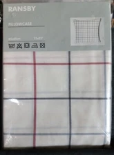New IKEA Cotton Square Pillowcase Euro Sham Ransby White With Blue Red Stripes