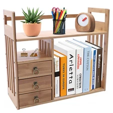 NEW Bamboo Desk Bookshelf Small Expandable Desktop Organizer Table Top Bookcase