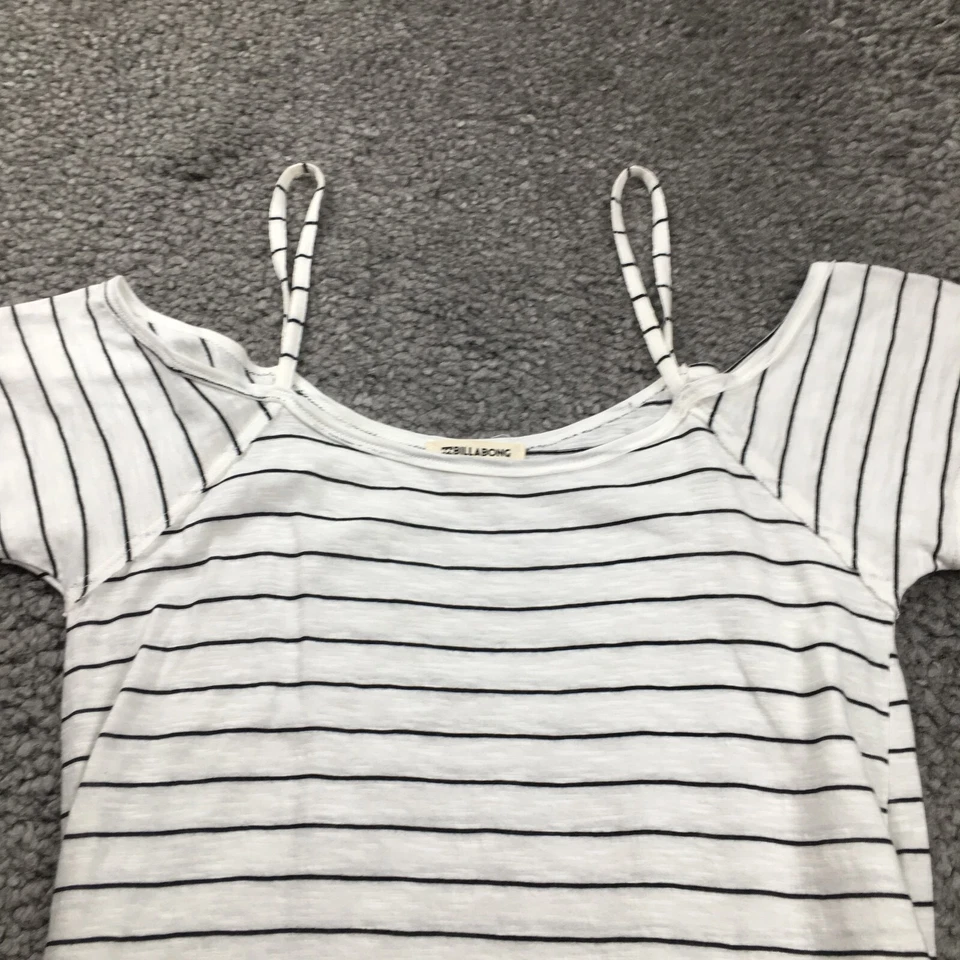 Billabong Womens Top Sz S Ivory Black Striped Cold Shoulder Raw Hem Strappy - Image 2 of 4