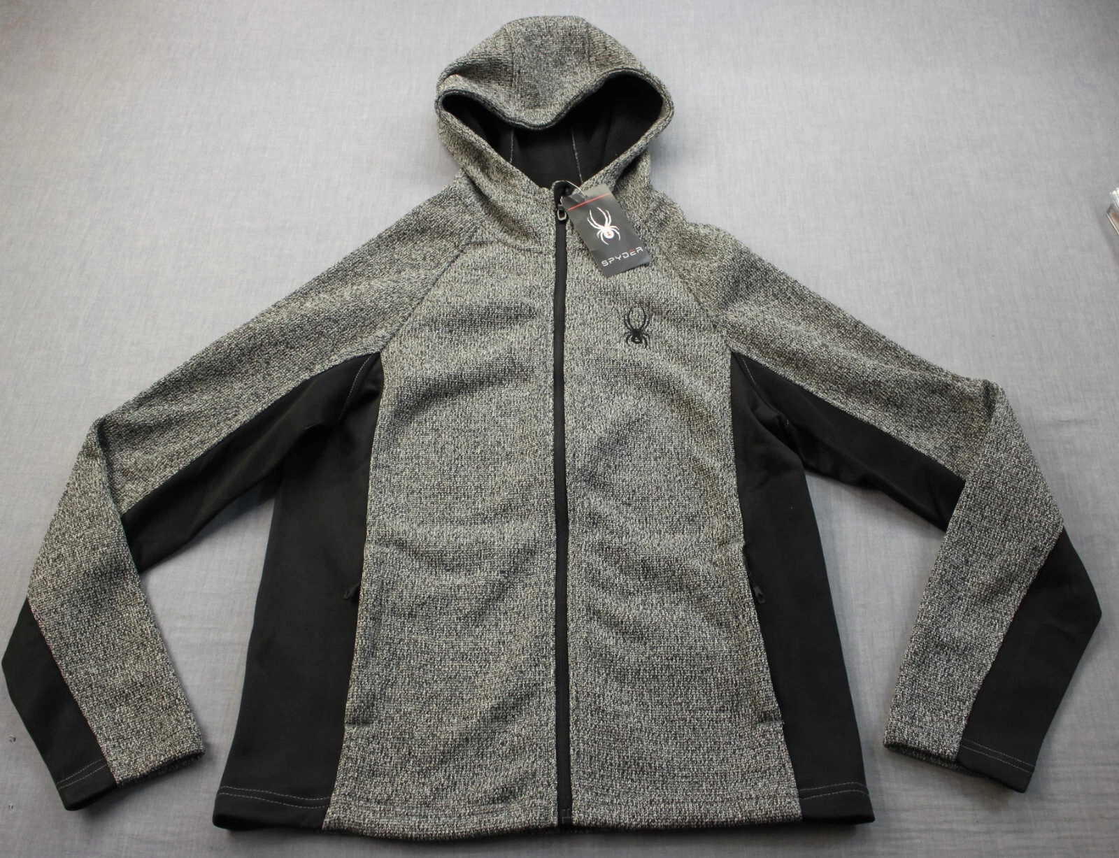 Spyder Logo Mens Gray & Black Full Zipper Soft Shell Hooded Jacket NWT S $139