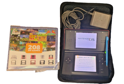 DS Lite Red/Black & 208 in 1 Game Cart, w/ Charger & Case