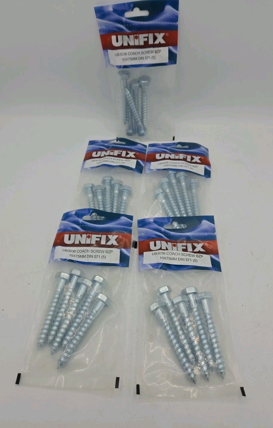 Unifix Coach Screws Hexagon Head DIN 571 BZP M10 x 75 - Bag of 5 - Box of 25