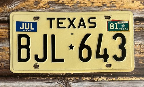 1981 Texas Embossed Automobile License Plate BJL 643