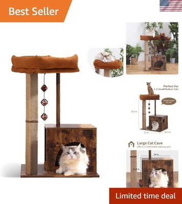 Modern Brown Cat Scratching Tower with Enclosed Lounge & Solid Wood Frame