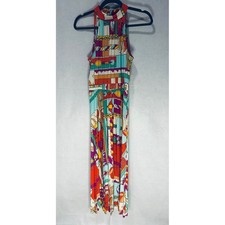Donna Morgan Multi Color Geometric Print Halter Pleated Maxi Dress Size 4 Retro