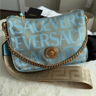 Versace Women's Blue Logo Print Gold Medusa Medium Hobo Handbag Shoulder Bag