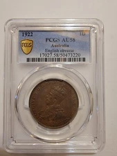 Australia 1922 Penny English Obverse,  PCGS AU 58- 50473230