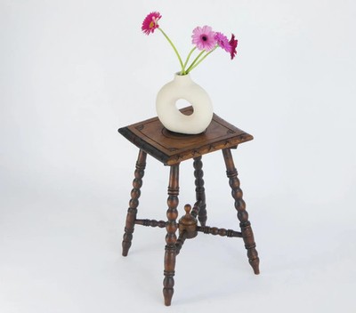 Antique Small Bobbin Wooden Stool, Carved Side Table with Flower, Barley Twist
