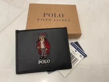 NEW Polo Ralph Lauren HOLIDAY WINTER BEAR Leather Slim Card Case Wallet - BLACK