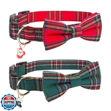PTDECOR Christmas Dog Collar with Bow, Adjustable Xmas Plaid Pet with Removab