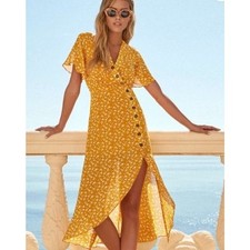 Lulus Womens After-Bloom Delight Floral Button Front Midi Golden Yellow Dress XS