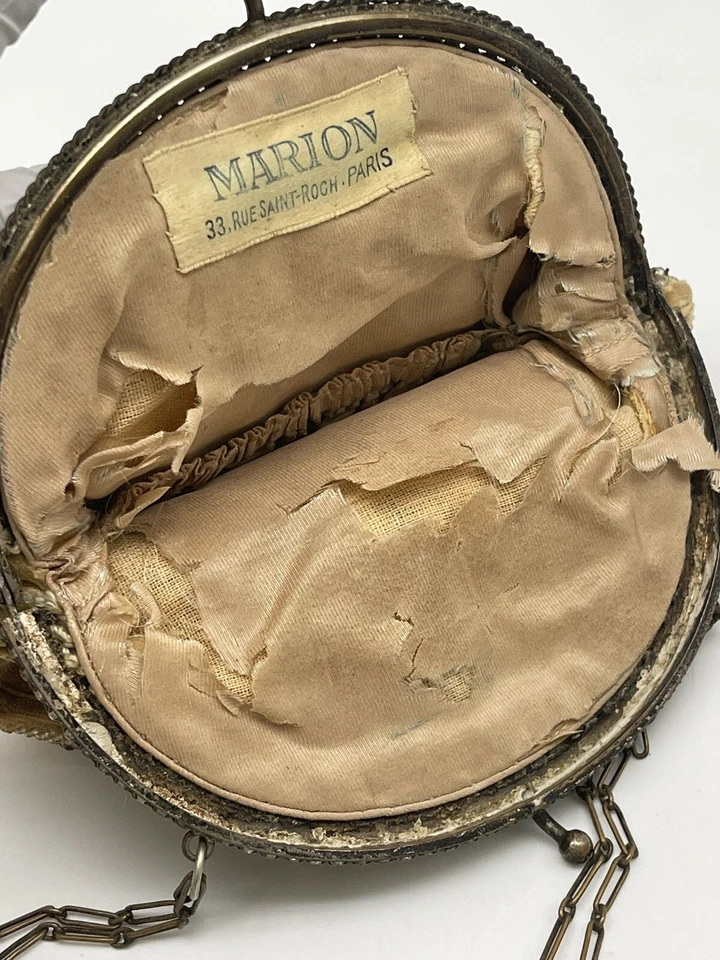 ANTIQUE MARION PARIS HANDMADE EVENING BAG EMBROIDERED CRYSTAL BEADS CLASP VELOUR - Image 4 of 4
