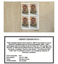 1989 ERNEST HEMINGWAY | #2418 Mint | Block of Four Postage Stamps | mnh