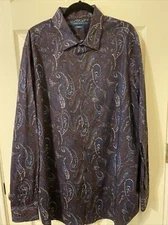 NEW, Men’s PERRY ELLIS Black Purple Print Long Sleeve Stretch Collar Shirt (XLT)