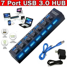 7 Port USB 3.0 Hub Splitter Adapter Cable High Speed For PC Laptop Mac Desktop