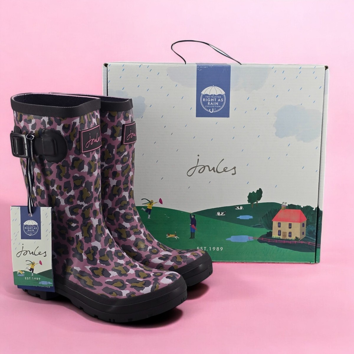 New Joules Rain Boots Mid Calf Molly Welly Pink Leopard Size US: UK: